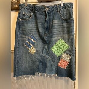 Upcycled Patchwork Denim Skirt / TIME AND TRU / 12 / Hippie / Boho / Patchwork